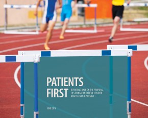 Runners' hurdle with Patients First report cover on top.